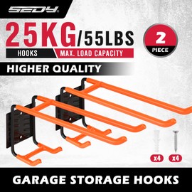 2-Piece 9.4" Heavy Duty Garage Hooks, Sturdy Utility Hooks Holds 55 LB Wall Mount Garden Tool Organizer Hangers for Hanging Shovel Ladder Chairs Strollers Power Tool Tire and More (Orange)