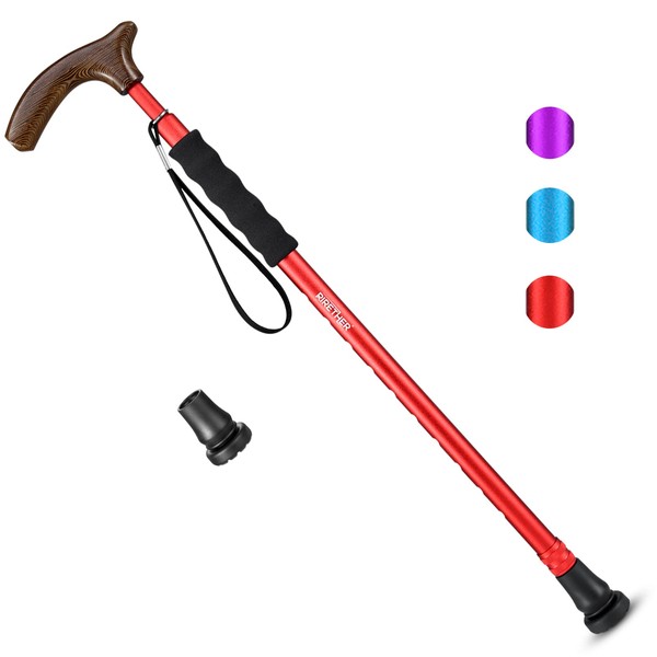 Rirether Adjustable Walking Stick Balancing Mobility Aid, Lightweight Aluminum Alloy Walking Cane, Portable Sturdy Telescoping Cane with Anti-Slip Tip, Carrying Bag (2Tips),（Red）