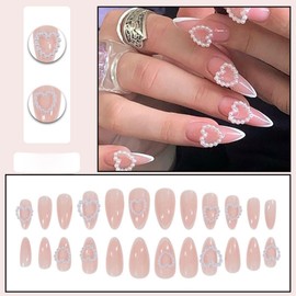 KQueenest Valentine White French Tip Press On Nails Medium Almond Fake Nails Press on With Pearl Heart Design Full Cover Natural Valentine Pink Glue On Nails Cute Stick On Nails For Women 24 Pcs