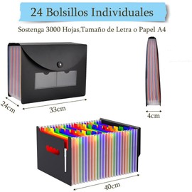 24 Carpeta Organizadora de Documentos, Carpeta de Archivos Expandible Portatil, Organizador de Archivos Acordeon, Folder para Guardar Documentos, Tamaño Carta A4, Color Negro