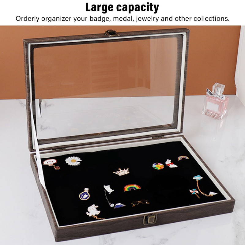 Pin Display Case Large Black PU Leather Dustproof Glass Widely