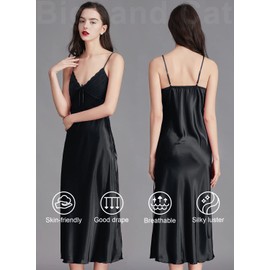 IIG Womens Long Satin Full Slip Dress Adjustable Spaghetti Strap Chemise Nightgown (Black, Small)