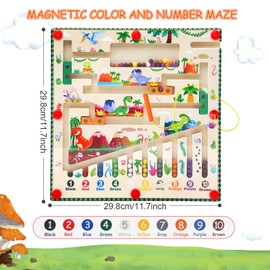 BelleStyle Montessori Toy Children 3 4 5 6 Years, Magnetic Colour Number Maze Wooden Toy, Dinosaur Activity Board, Sorting Game, Motor Skills Toy, Gift for Toddlers, Girls, Boys