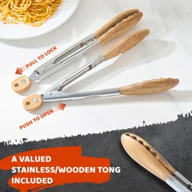 Edergoo Wood Cooking Utensils Set, 5 PCS Wooden Spoons for Cooking Includes Stainless/Wood Kitchen Tongs, Natural Non-Stick Wooden Utensil Set with Innovative Finger Groove & Non-Slip Notch Design