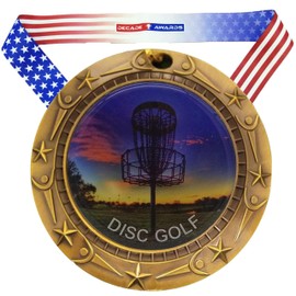 Decade Awards Disc Golf Gold World Class Engraved Medal | Disc Golf Tournament Medallion 3 Inch Wide with Stars and Stripes American Flag V Neck Ribbon - Customize Now
