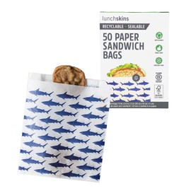 Lunchskins Recyclable & Sealable Food Storage Sandwich Bags, Shark Design, 50 Bags - Eco-Friendly, Made Without PFAS and BPA