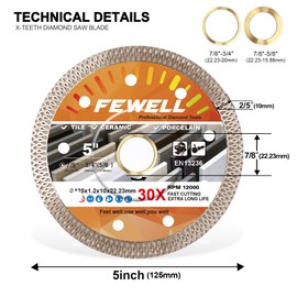 FEWELL 5 inch 2 PCS Diamond Porcelain Tile Saw Blade Super Thin Turbo Diamond Saw Blade Cutting Porcelain Tiles Ceramic
