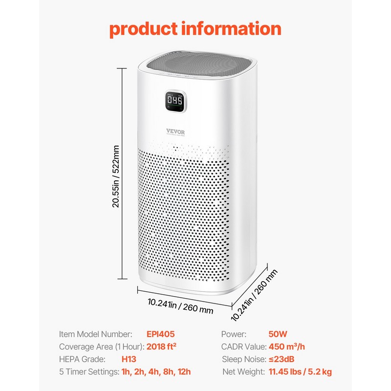 2018 ft²/h Air Purifier H13 HEPA Smart Air Purifier for