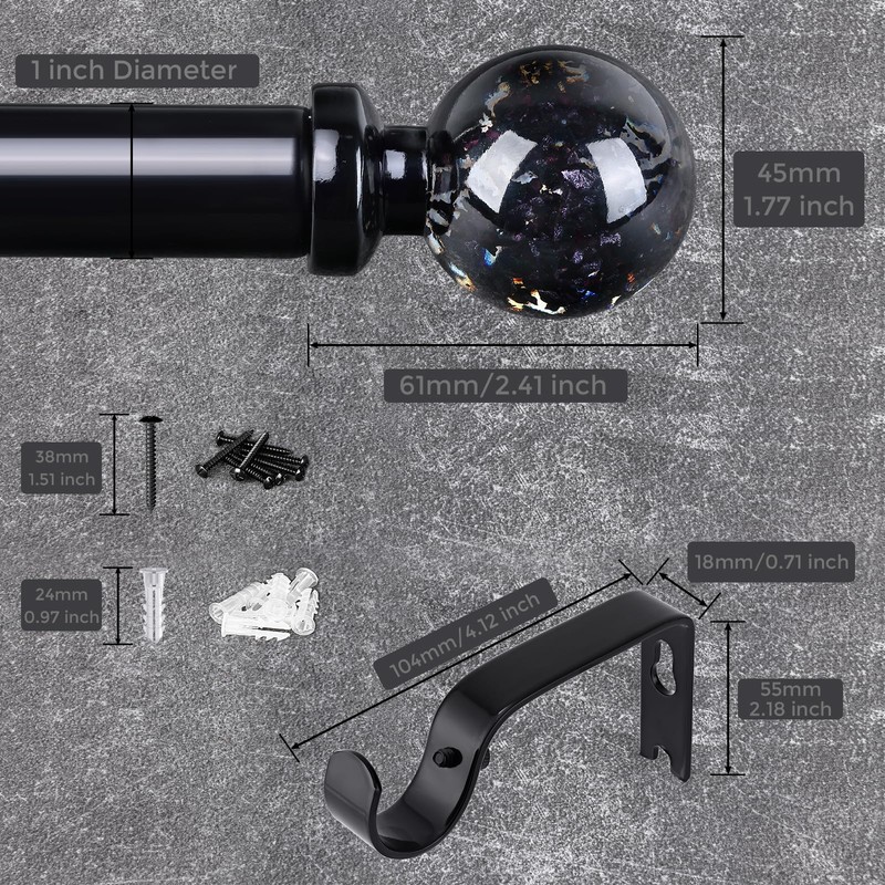 Black Curtain Rods for Windows 72 to 144 Inch, 1''