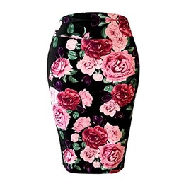 ALWAYS Women's Midi Pencil Skirt - High Waist Premium Soft Elastic Waist Back Slit Floral Skirt M