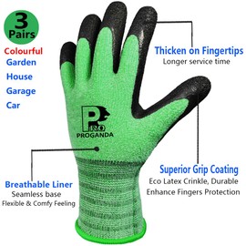 PROGANDA 3 Pairs Gardening Gloves for Men Women, Superior Grip Latex Coating Work Gloves Colourful Comfortable Breathable Lightweight, Garden Construction Car Outdoor