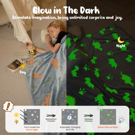 Winthome Glow in Dark Blanket, Soft Flannel Fleece Stars Blanket,All Season Throw Blanket for Kids ( Blue Dinosaur, 130x170cm )