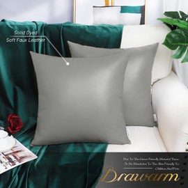 BRAWARM Faux Leather Throw Pillow Covers 16 X 16 Inches - Medium Gray Leather Pilow Covers Pack of 2, Solid Dyed Leather Pillowcases for Couch Bed Sofa Garden Home Decorative