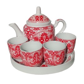 Chinese Tea Gift Set Service Porcelain Tea Pot 4 Cups tray for Adults Men Women Tea Ceremony Wedding Party Home Decor (Double Happiness S)