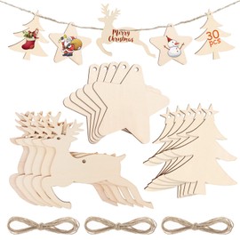 Kiiwah Pack of 30 Wooden Christmas Tree Decorations for Hanging, Christmas Wooden Pendants for DIY Crafts, Painting for Christmas Decorations, Gift Tags (Christmas Tree, Star, Deer)