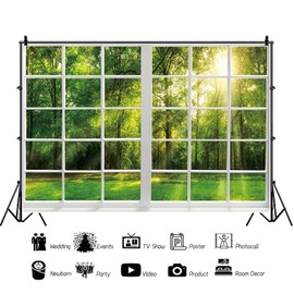 7x5ft Spring Window Scenery Backdrop Forest Green Trees Sunshine Natural Scenery Photography Background Spring Theme Decorations Kids Adults Portraits Wallpaper Banner Photo Studio Props