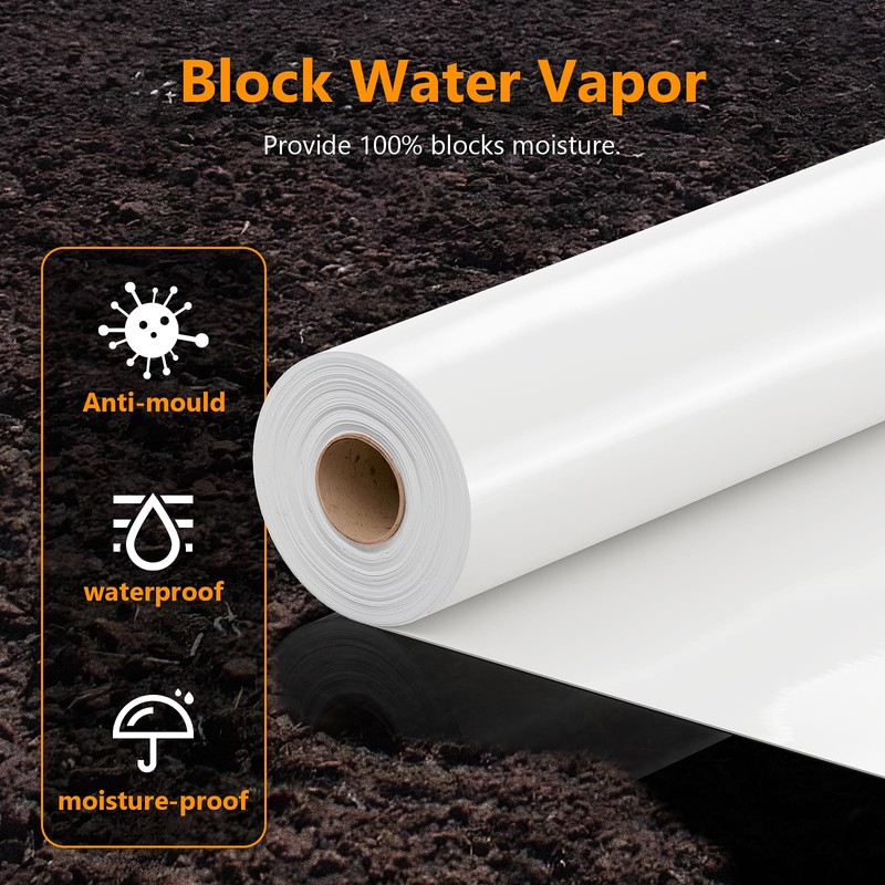 Crawl Space Vapor Barrier, 10mil Film, 10'x65', White Plastic Sheeting