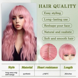 Angzon Pink Wig With Bangs Long Wavy Wigs for Women 26 Inch Curly Wavy Wig With Bangs Natural Looking Synthetic Heat Resistant Fiber Wig for Daily Party Use