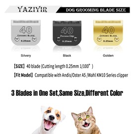 YAZIYIR 3 Color 40# Detachable Pet Dog Grooming Ceramic Blades,Compatible with Andis,Oster A5,Wahl KM-10 Series,Size #40 Blade 1/100-Inch 0.25MM Cut Length（Silver+Black+Golden）