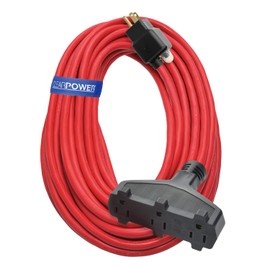 Clear Power 50 ft 14/3 SJTW 3 Outlet Heavy Duty Outdoor Extension Cord with Circuit Breaker Plug, Water, Weather & Kink Resistant, Flame Retardant, Red, 3 Prong Grounded Plug, CP10142