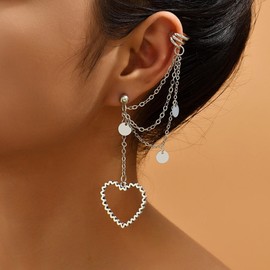 Silver Heart Cuff Earrings Chain Tassel Earrings for Women,Love Heart Ear Cuff Drop Dangle Earrings Non-Piercing Cartilage Clip on Earrings Ear Clips (Silver)
