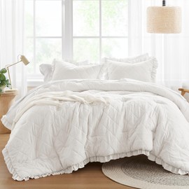 Comfort Spaces Queen Comforter Set Ruffle Shabby Chic Comforter for Queen Size Bed, Prewashed Microfiber, Fluffy, All Season Queen Bedding, Shams, Country Cottage Decor, Full/Queen, Ivory 3 Piece