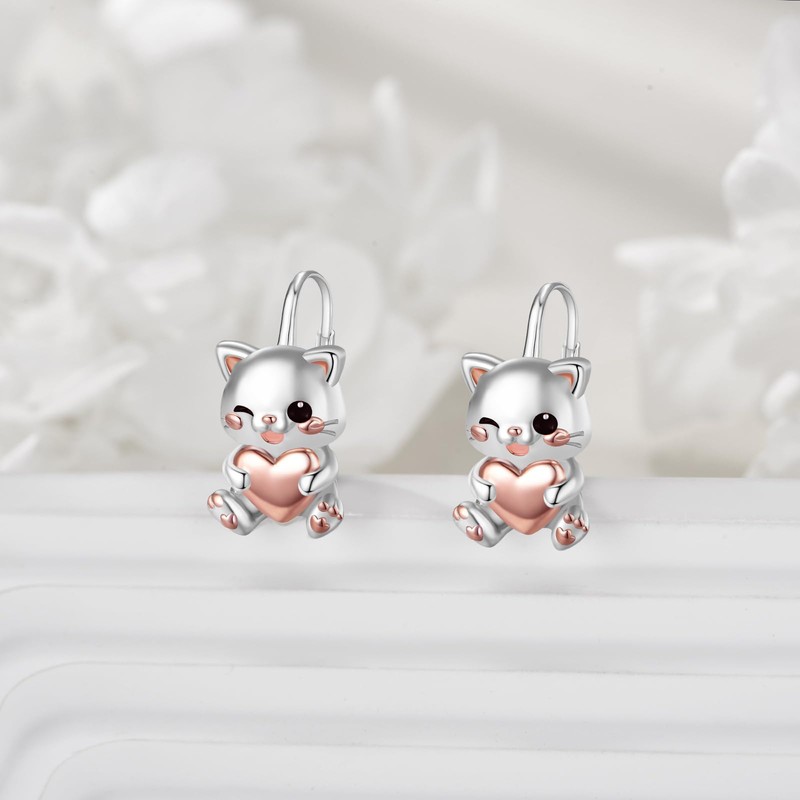 Cat Hoop Earrings 925 Sterling Silver Cat Earrings for Women