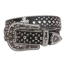 Western Rhinestone Silver Circle Studs and Cross Decoration Leather Belt Size: M/L - 38 Color: Black
