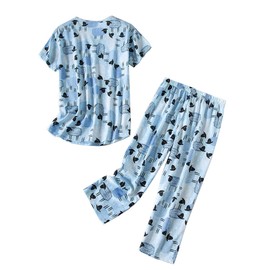 CHUNG Women Cotton Blend Pyjamas Set Short Sleeve Top Capri Pants Plus Size S-3XL Sleepwear Nighties Light Blue Sheep,L