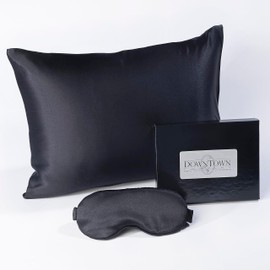 L' COZEE Downtown Company 100% Mulberry Silk Pillow Set for Hair & Skin - Silk Pillow Cover, Sleep Mask & Travel Pillow (Black)