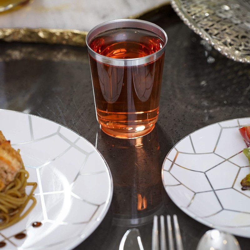 STACKABLES Crystal Clear Hard Plastic Cups with Elegant Silver Rim