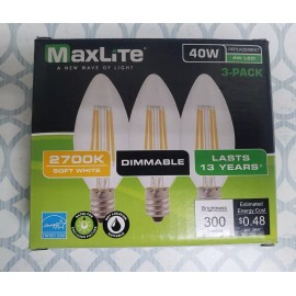 MAXLITE 3-PACK LED Light Bulbs DIMMABLE 2700k 40W 300L E12, F4B10D27/3P/WS