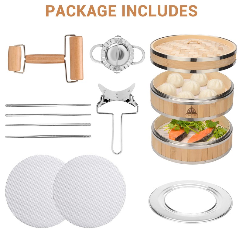 CROWNSPIRE 2 Tier Bamboo Steamer | Bamboo Steamer Basket with