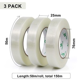 BOMEI PACK 3 Pack Mono Filament Tape Fiberglass Reinforced Strapping Tape 150mic x 25mm x 50m for Heavy Duty Moving boxes Packing Tape Stright Line Sticky Strong Tape