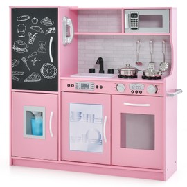 KOTEK Play Kitchen for Kids, Wooden Chef Pretend Toy Kitchen Set w/Oven, Chalkboard, Telephone, Ice Maker, Microwave, Dishwasher, Realistic Design Kids Kitchen Playset, Gift for Boys Girls 3+, Pink