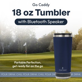 Go Caddy 18 oz Tumbler with Bluetooth Speaker, Insulated Stainless Steel Travel Cup with Lid, Hot & Cold Drink Thermos, Built-In Speaker, Rubber Base, Navy Blue