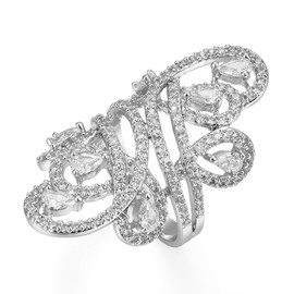 Delicin Jewelry Vintage Style Rhodium Plated Cubic Zirconia Full Finger Armor Statement Ring, Zirconia, Cubic Zirconia