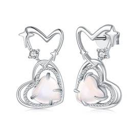 Silver Moonstone Heart Stud Earrings - 925 Sterling Silver Love Heart Moonstone Stud Earring for Women, Sparkling Moonstone Engagement Ear Jewelry Mother's Day Gifts for Her