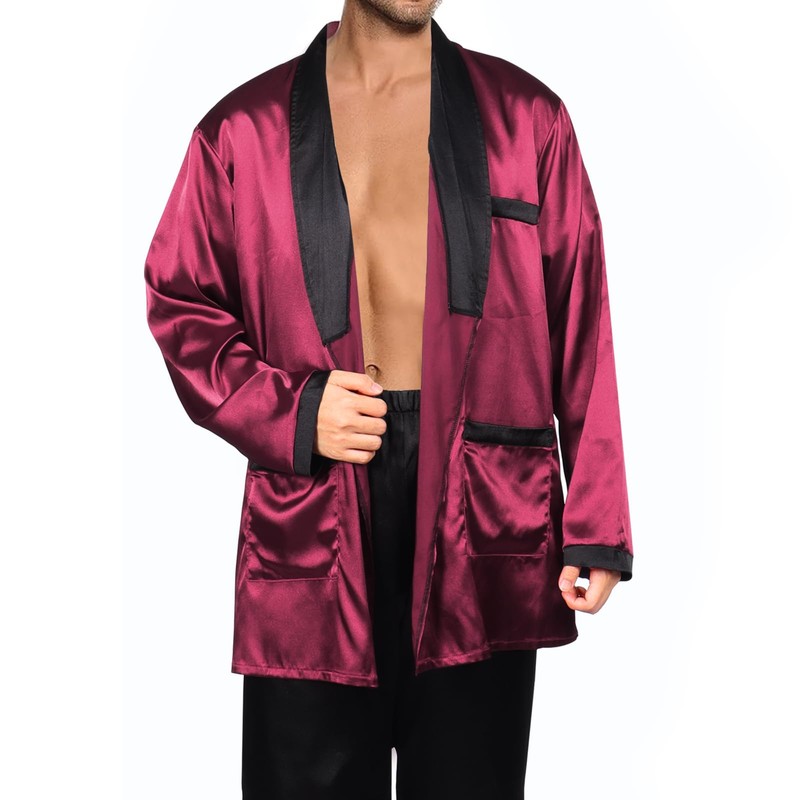 Maazusa Men Red Silk Robe jacket and Black Pants, Hugh