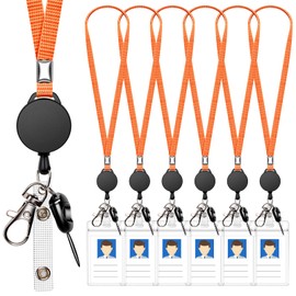 6 Pack Retractable Badge Lanyards and ID Badge Holder, Strap Lanyard with Swivel Metal Clasp for Badge Holders, Keychains, Offices, Staff, Students, Employees, Orange