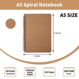 Principal Lines 24 Pack A5 Spiral Notebook,Soft Cover,Blank Sketch,Wire-Bound Journal Notebook,120 Pages, Unlined Paper Diary Notebook for Office, Business, School Supplies