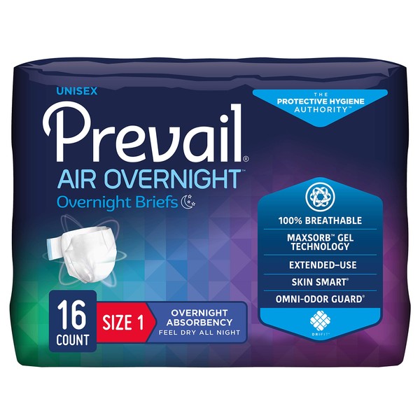 Prevail Air Overnight Incontinence Adult Briefs with Refastenable Tabs, Size 1, Medium, 16 Count
