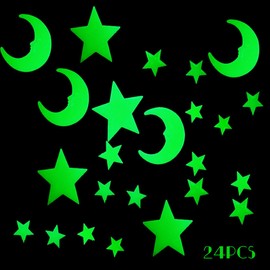 24 Pcs 3D Glow in the Dark Moon Stars Stickers Luminous Fluorescent Stickers DIY Wall Ceiling Stickers for Baby Nursery Living Room Decoration
