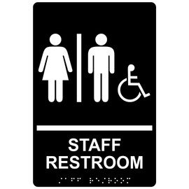 ComplianceSigns.com Staff Restroom Sign, ADA-Compliant Braille and Raised Letters, 9x6 inch White on Black Acrylic with Adhesive Mounting Strips