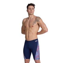 ARENA Men's Swim Jammer Hydrangea Bouquet Team Print MaxLife Athletic Swimwear Training Swimsuit Sports Bathing Suit, Navy/Team Red White Blue, US Size 30