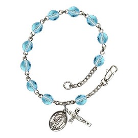 St. Genesius of Rome Silver Plate Rosary Bracelet 6mm March Light Blue Fire Polished Beads Crucifix Size 5/8 x 1/4 medal