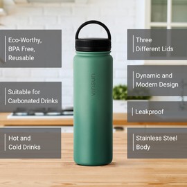VINSUN Stainless Steel Water Bottle Green 1L - 3 Lids - Leakproof, Carbonic acid suitable, BPA Free - Lightweight Thermo Bottle for Sport, Outdoor, School, Office, Gym
