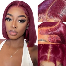 99j Burgundy Bob Wig Human Hair 13x4 Lace Front Wigs 10 Inch Short Straight Wine Red Bob Wig Pre Plucked 180% Density Natural Hairline Wigs for Black Women