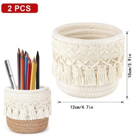 URCHUZE Boho Macrame Pen Holder Set, 2 Pieces, Desk Organiser with Tassels, 12 cm x 10 cm, Beige and Jute