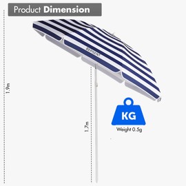 EPISENT Beach Umbrella – 1.9m Travel Sun Parasol with Carry Bag | Adjustable Tilt Shade for Garden, Picnic, Beach & Outdoor Use (BLUE & WHITE)